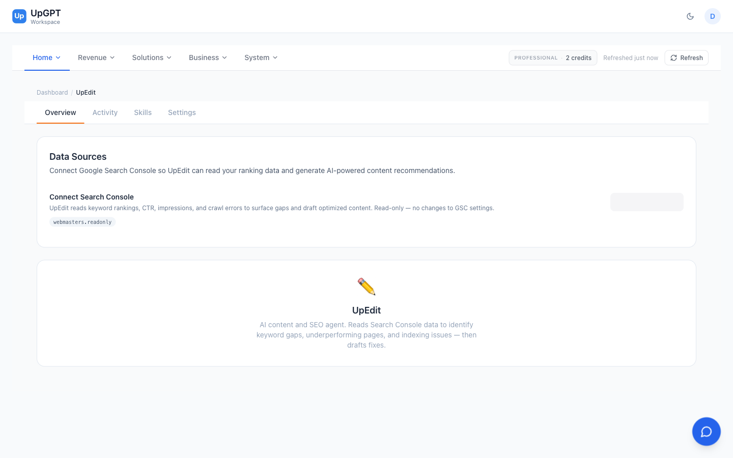 UpEdit content dashboard — AI content generation with brand compliance and SEO optimization